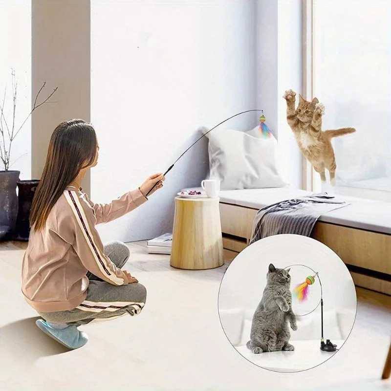 Interactive Cat Toys Kit Feather Toys with 1 Wands 1 Suction Cups Replacement Feather Heads for Indoor Outdoor Play M251209