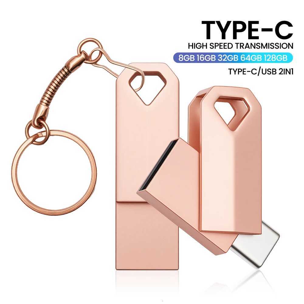 MINI TYPE C 2in1 Metal USB flash drive 128GB 64GB 256GB key chain Pen drive Rose gold Pendrive 32GB 16GB 8GB gift C251209