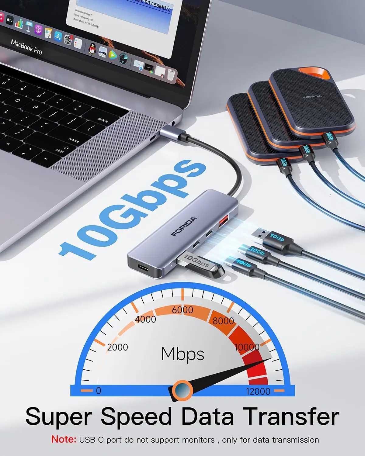 Forida USB C Hub 10Gbps USB C Splitter 100W Power Charging USB 32 Gen2 Adapter for Laptop Book Desktop Tablet PC SmartPhone C251209