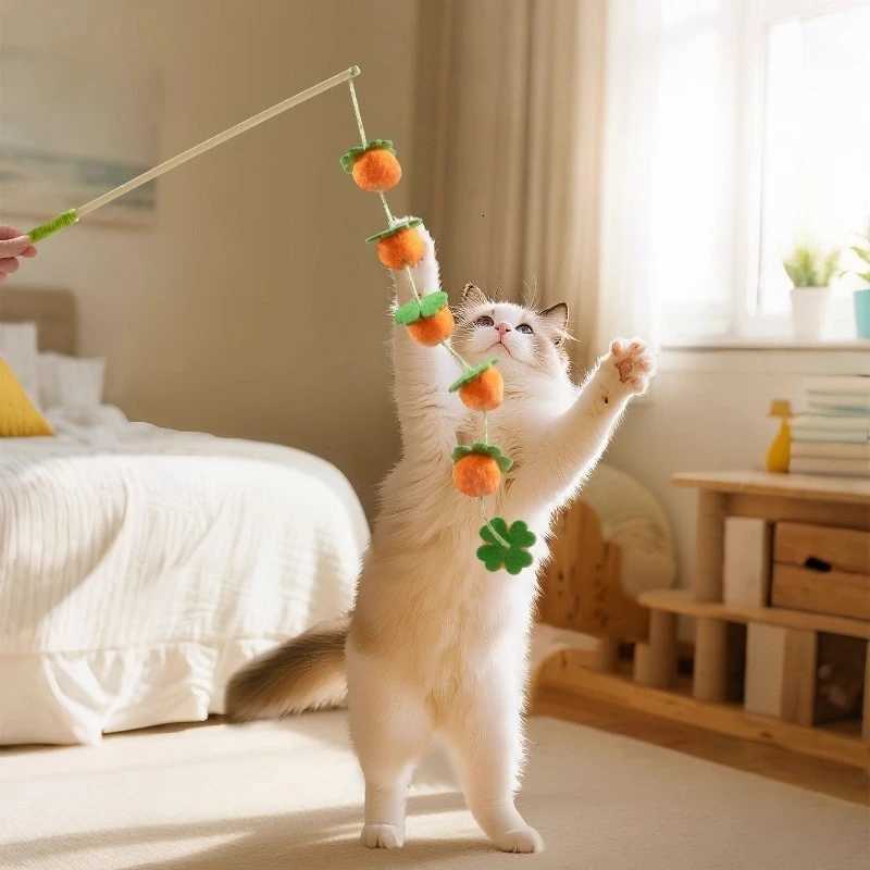 Interactive Cat Toy Funny Colorful Fruit Cats Teaser Stick Feather Toys Kitten Playing Teaser Wand Toy Cat Supplies M251209