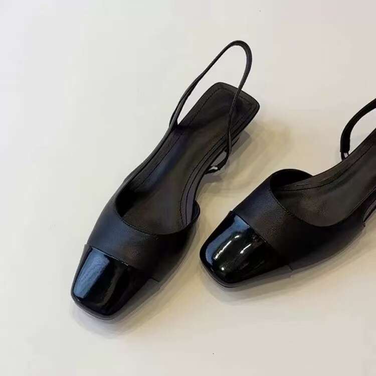 Black square toe flats sling back Sandals with One Strap Chunky Heels Elegant Handmade Designer Shoe Women's Shoes