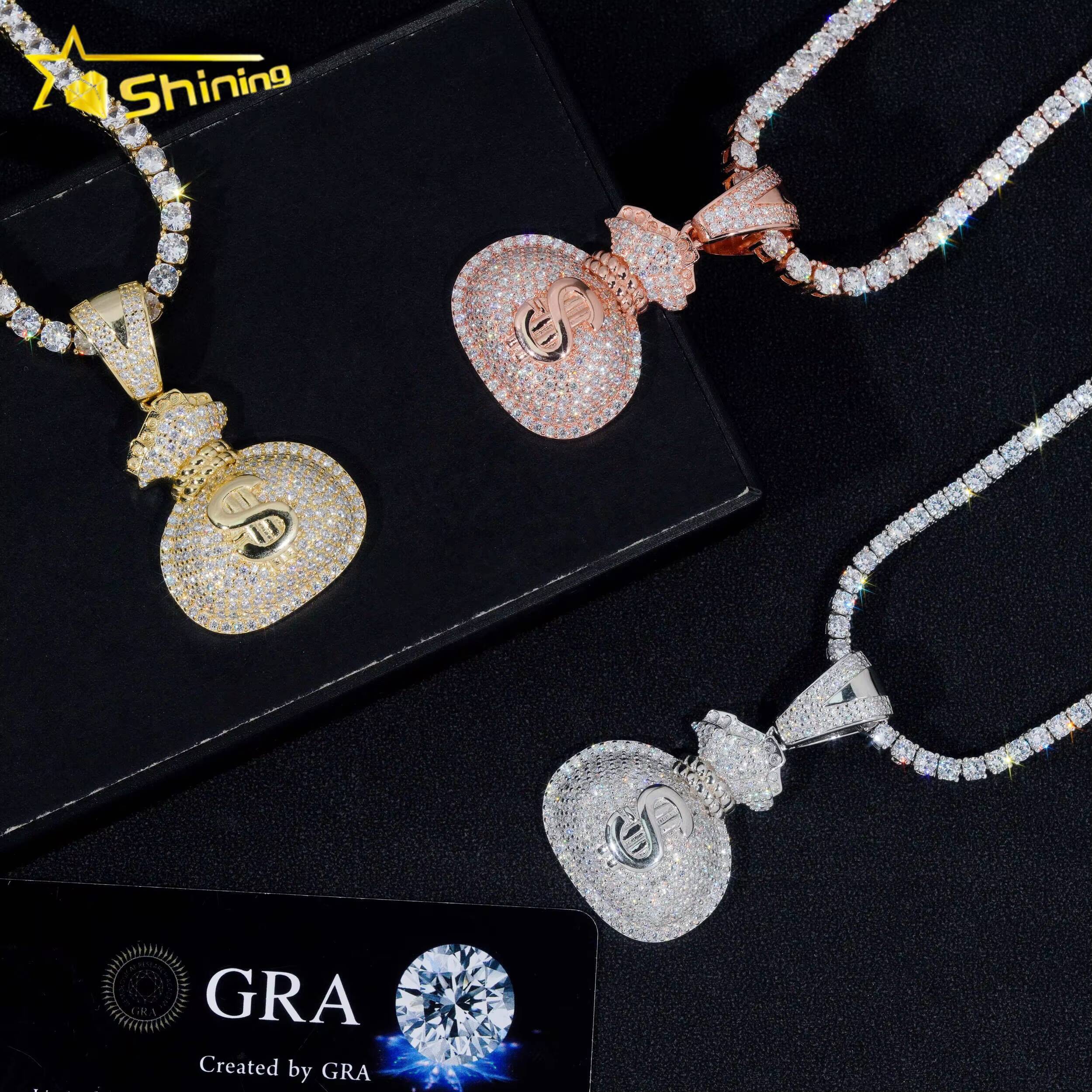 RTS Pass Diamond Tester Fine Jewelry 925 Silver Gold Plated Diamond Iced Out Hip Hop Custom Money Bag Moissanite Pendant