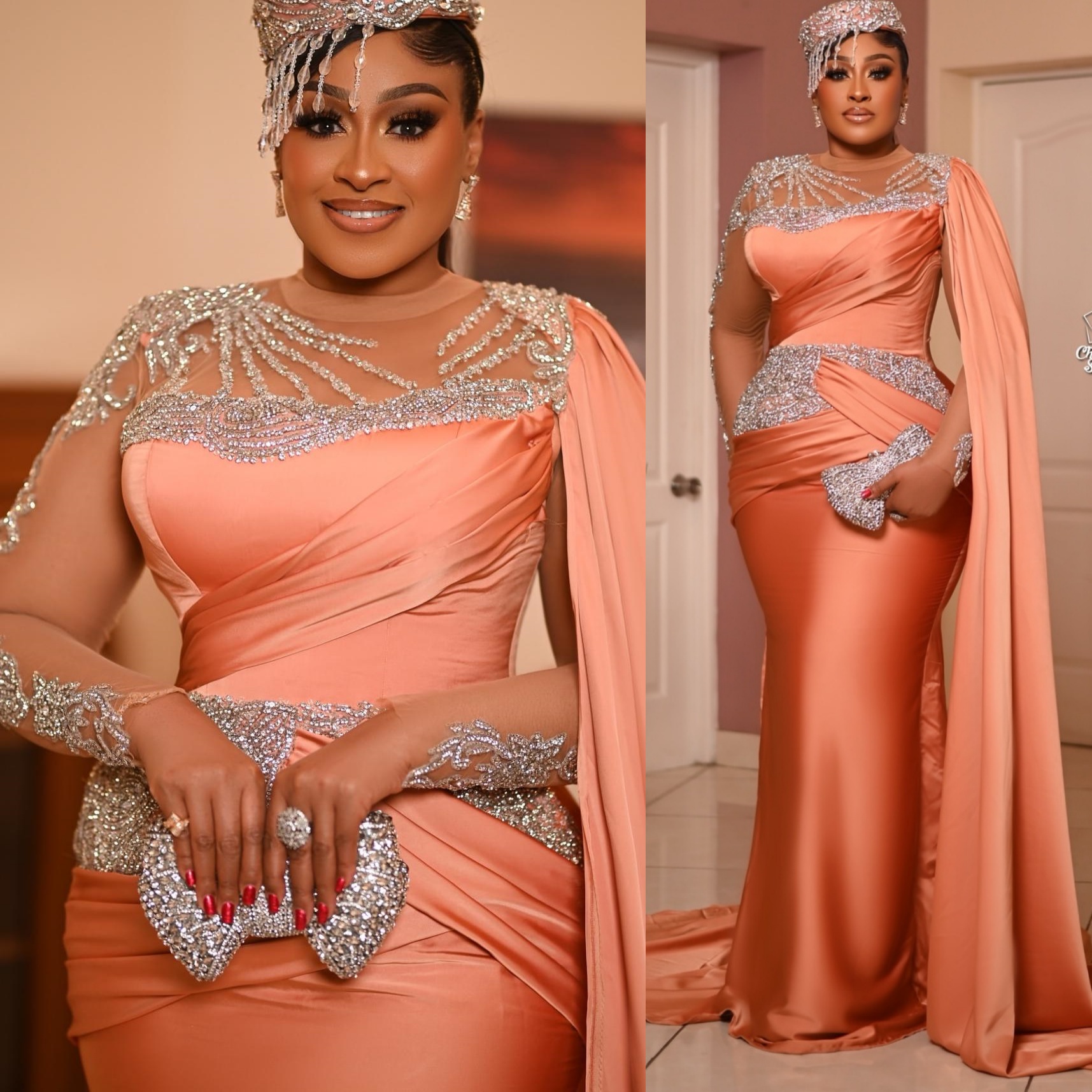 Aso Ebi Coral Mermaid Prom Dresses 2026 Beaded Crystals Satin Elegant Evening Formal Party Second Birthday Engagement Gowns Plus Size Dress For Specia