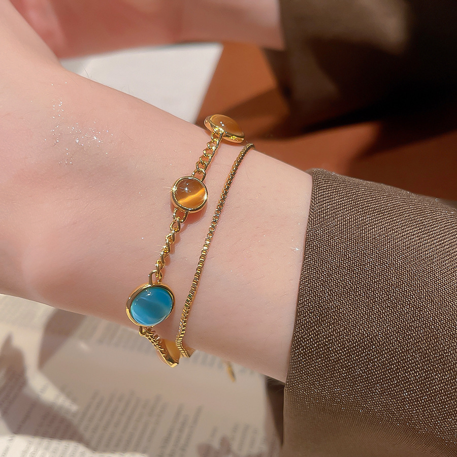 18K Real Gold Plated Cat's Eye Stone Round Double Layer Vintage Palace Style Bracelet Light Luxury High-end Feel Jewelry for Women - view 3