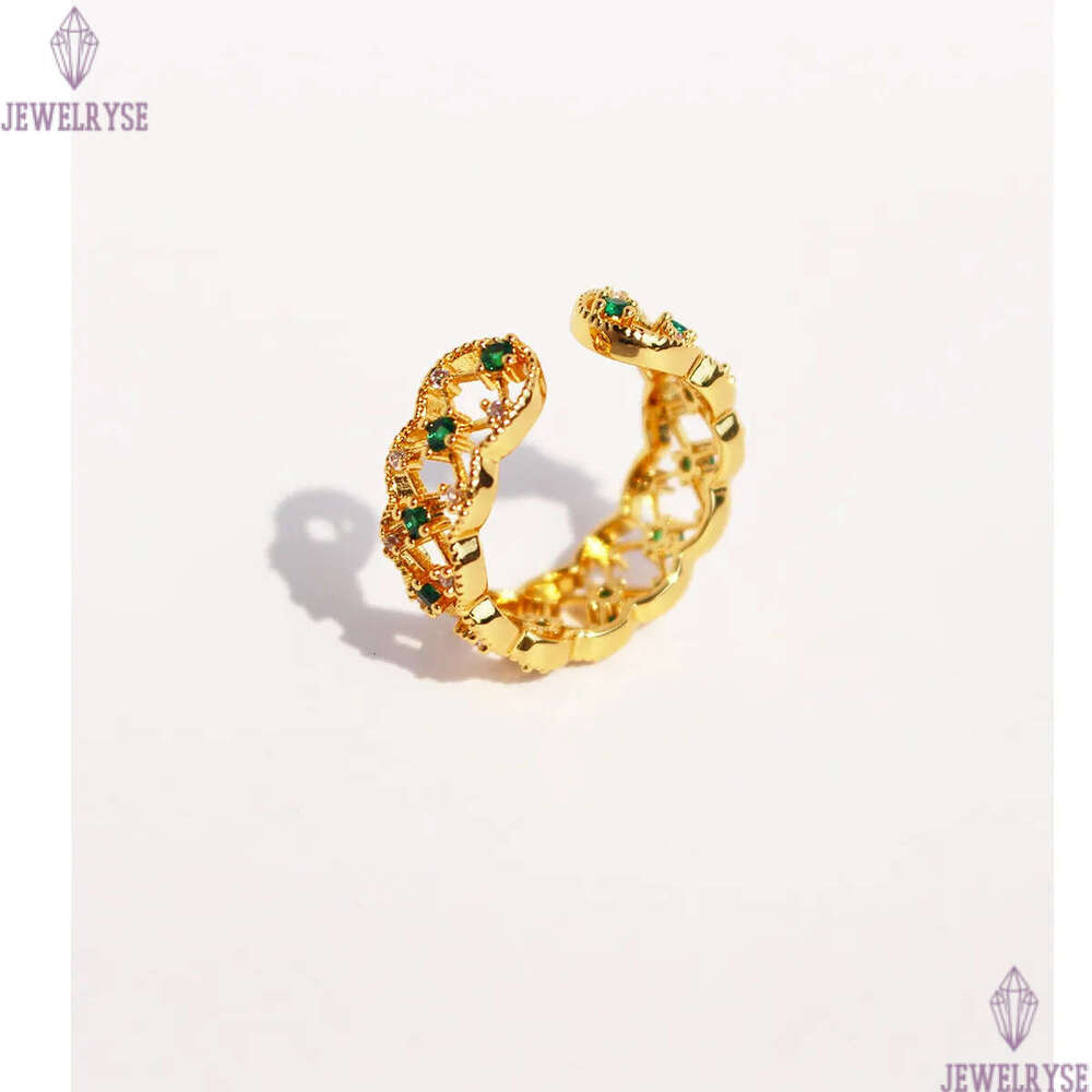 18k gold luxury green stone rings for women hollow lace rhombus designer retro vintage palace style geometry engagement ring jewelry size open