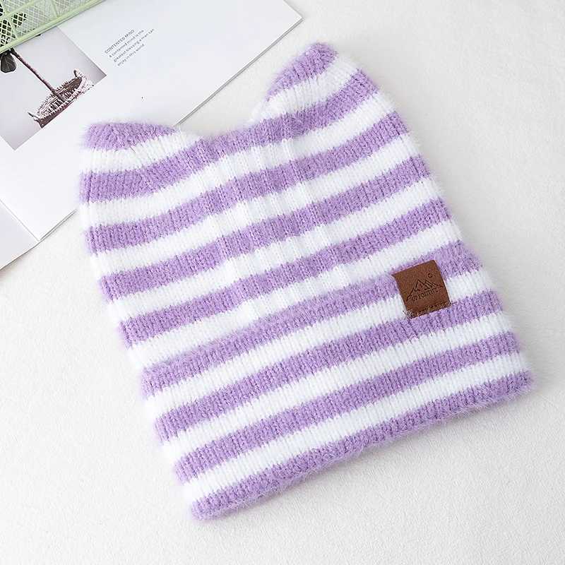 Luxury Lovely Hat Cute Cat Ear Beanie Cap Winter Hats For Women Y2K All Stripes Fashion Outdoor Warm Hat Beanie Warm Cap For Girl Gift Y251209