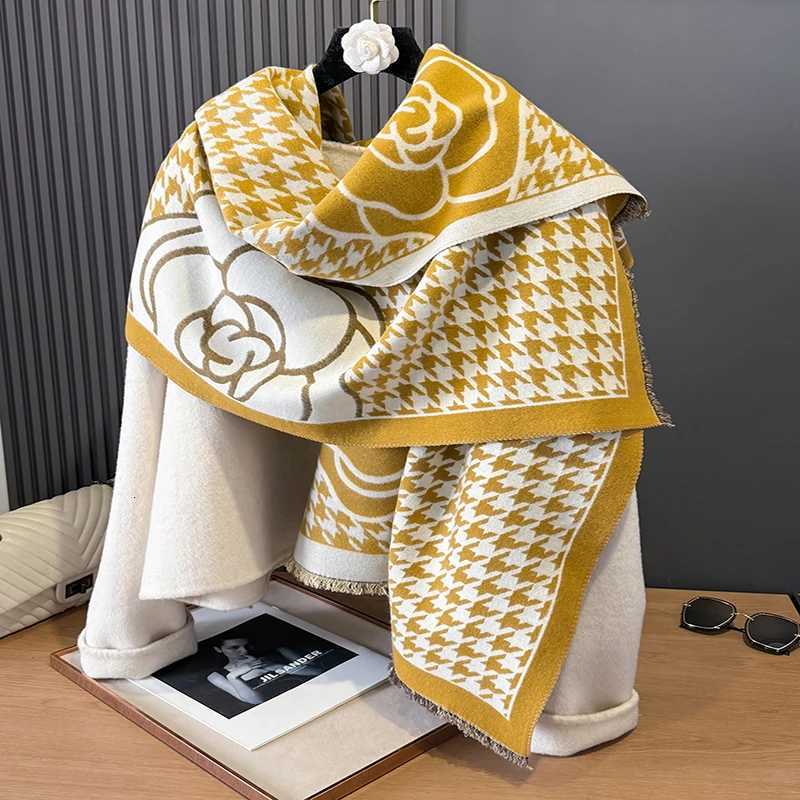 Luxury 2024 Fashion Houndstooth Rose Print Cashmere Women Two-sided Scarf Winter Warm Shawl and Wrap Bandana Pashmina Thick Blanket Y251208