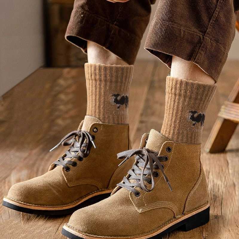 5 Pairs Thicken Camel Print Crew Socks Mens Winter Casual Heavy Knit Mid-Calf Sock Fleece Lined Comfort for Outdoor/IndoorT251209