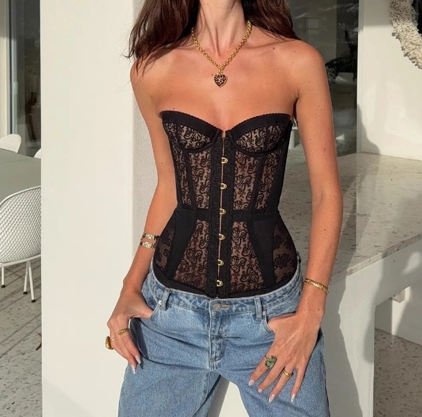 Designer Women's Strapless Corset Top,Vest Sexy Lace Sleeveless Top, Street Fashion Tank Top, Sexy Lace Hollow-out Trendy, Strapless Fashion Top