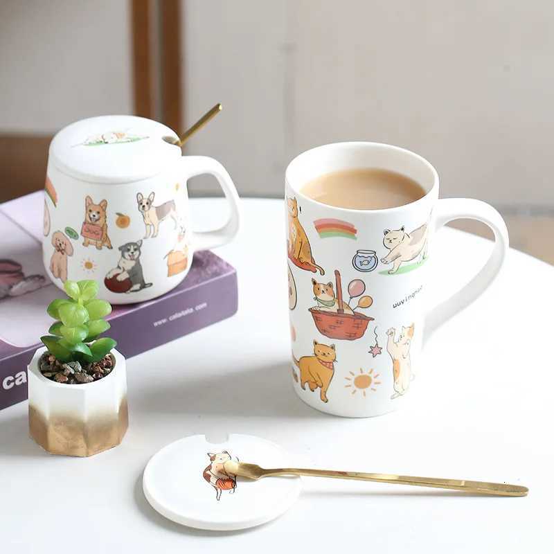 Cartoon Cat and Dog Cup Ceramic Drinkware g Coffee g Spoon with Lid Off Breakfast Milk Water gs Couple Desk Decoration H251209