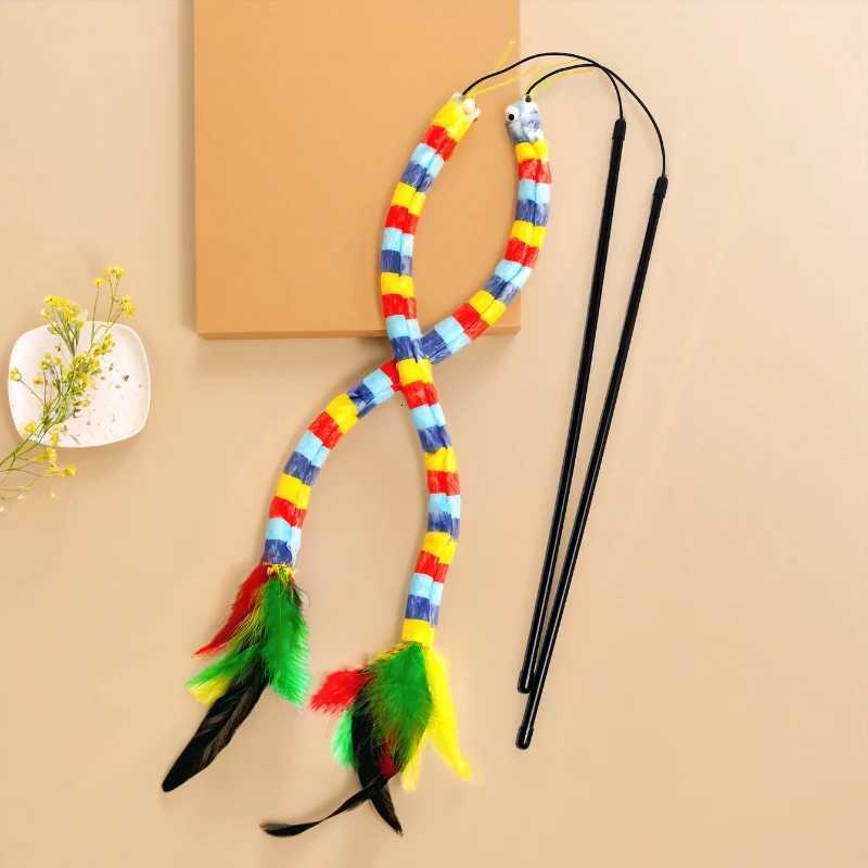 Cat Teaser Toy Colorful Caterpillar Feather Plush Interactive Cat Teaser Stick Durable Bite Self High Teaser Tool Cat Toy M251209