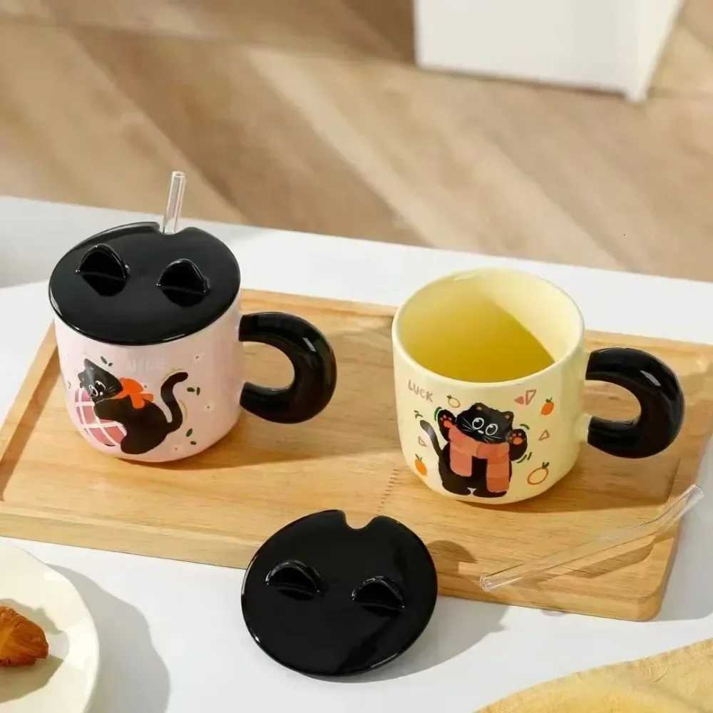 White Black Cat Ceramic gs with Lids Spoons Cute Girl Couple Coffee Cups Holiday Gifts Drinkware Water Bottle H251209