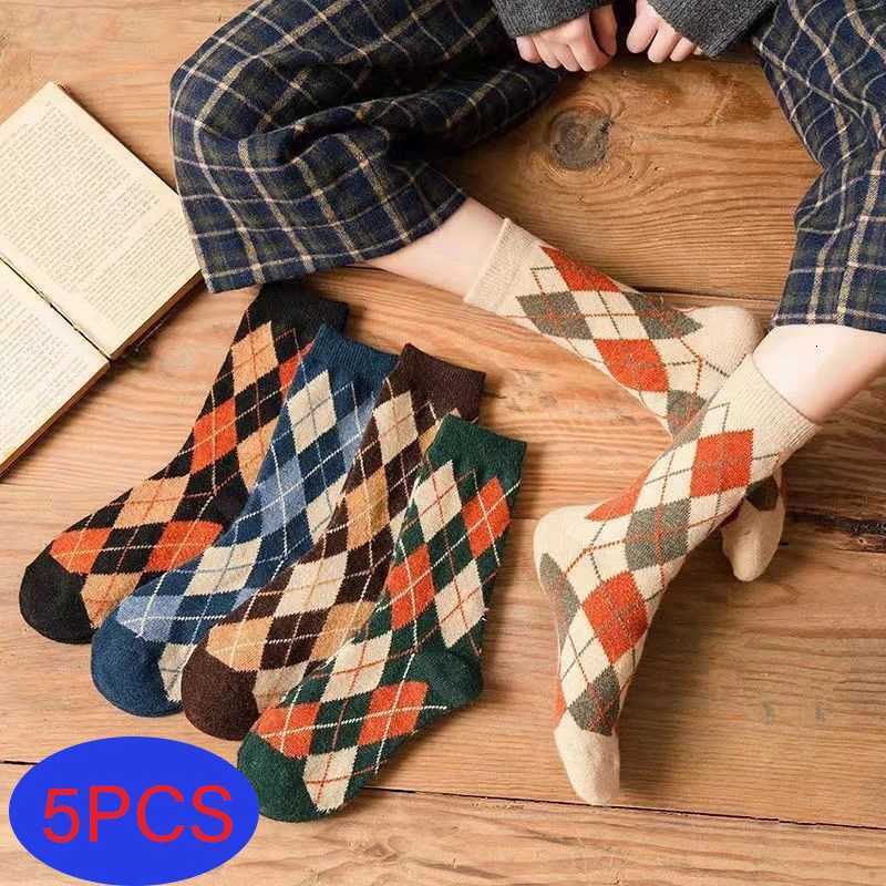 5Pairs Mens Happy Colorful Striped Socks Quality Plaid Diamond Pattern Argyle Geometric Harajuku Combed Cotton Medium Tube SockT251209