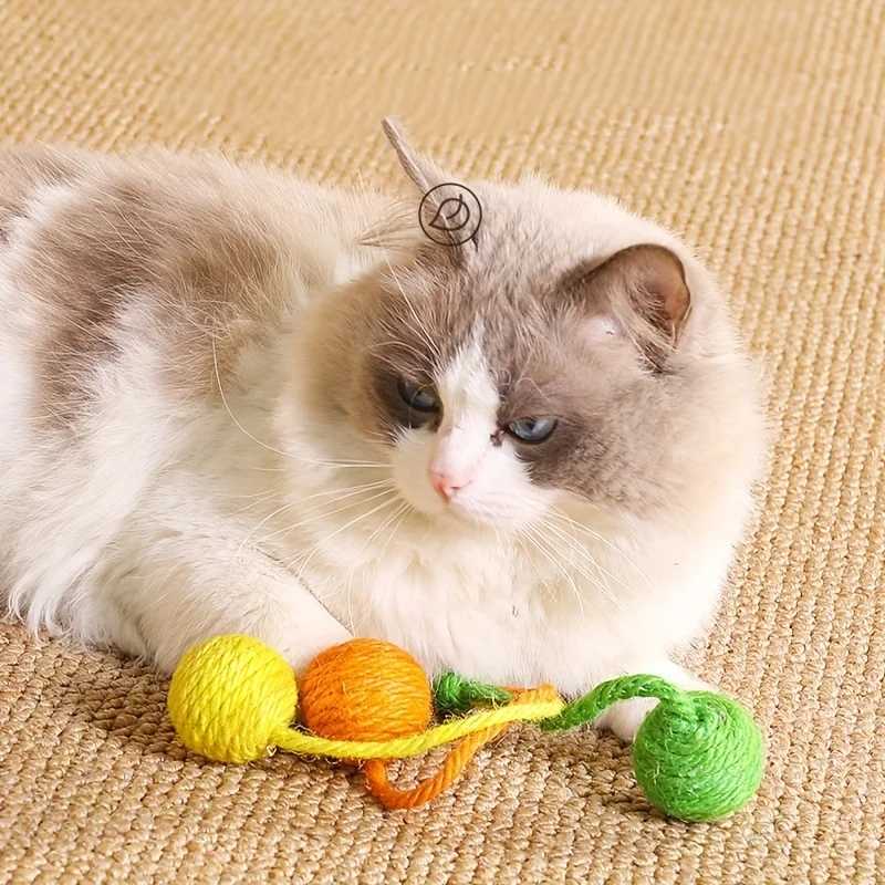 Random Color Cat Toys Sisal Balls for Grinding Teeth Sharpening Claws Hangable Sound-Activated Rope Knot Teaser Ball for Cats M251209