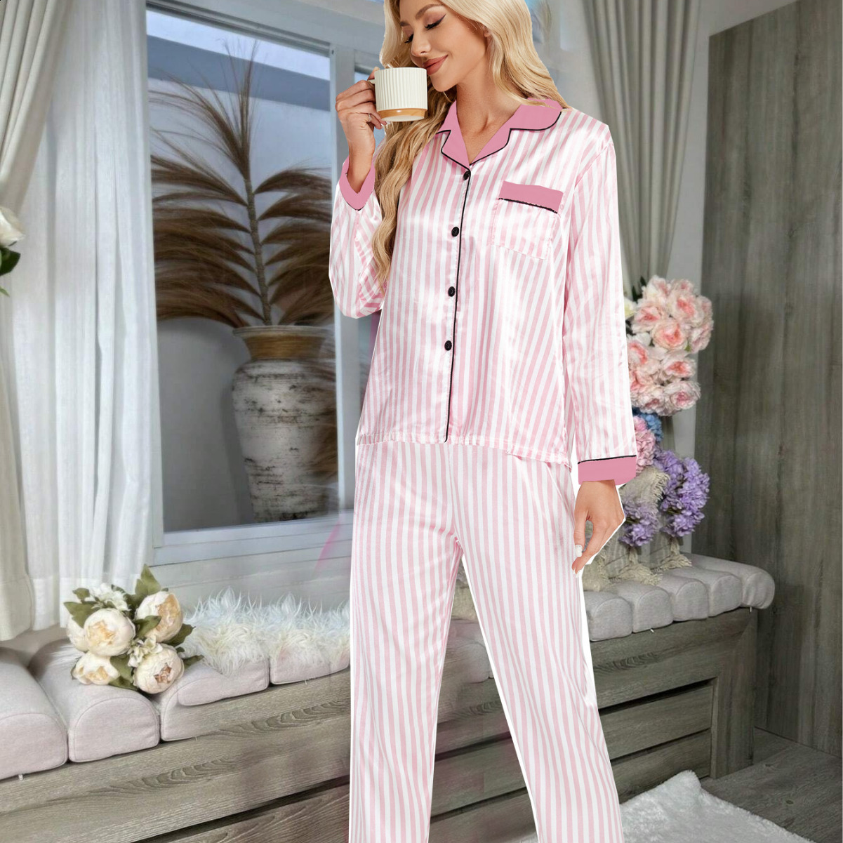 Satin Pajamas for Women Long Sleeved Striped Pjamas Sleepwear 2 Pieces Set Lounge Wear Home Clothes Year Birthday Gift 211007