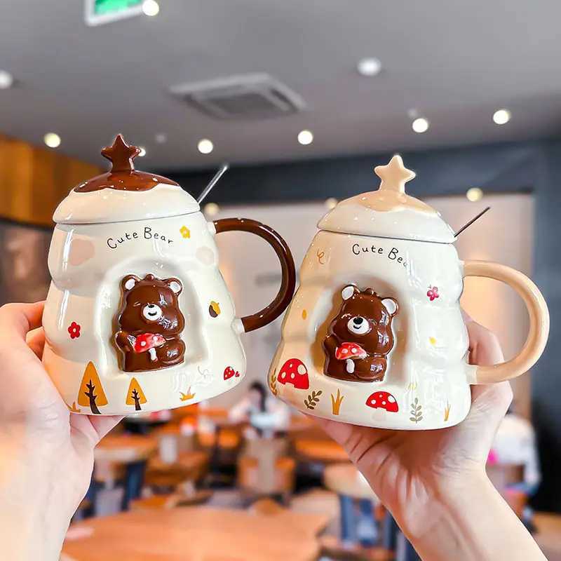 Bear Ceramic Cup Cute Ceramic g with Lid on Hand Christmas 3D three-dimensional g Couple Coffee Cup He Water Cup H251209