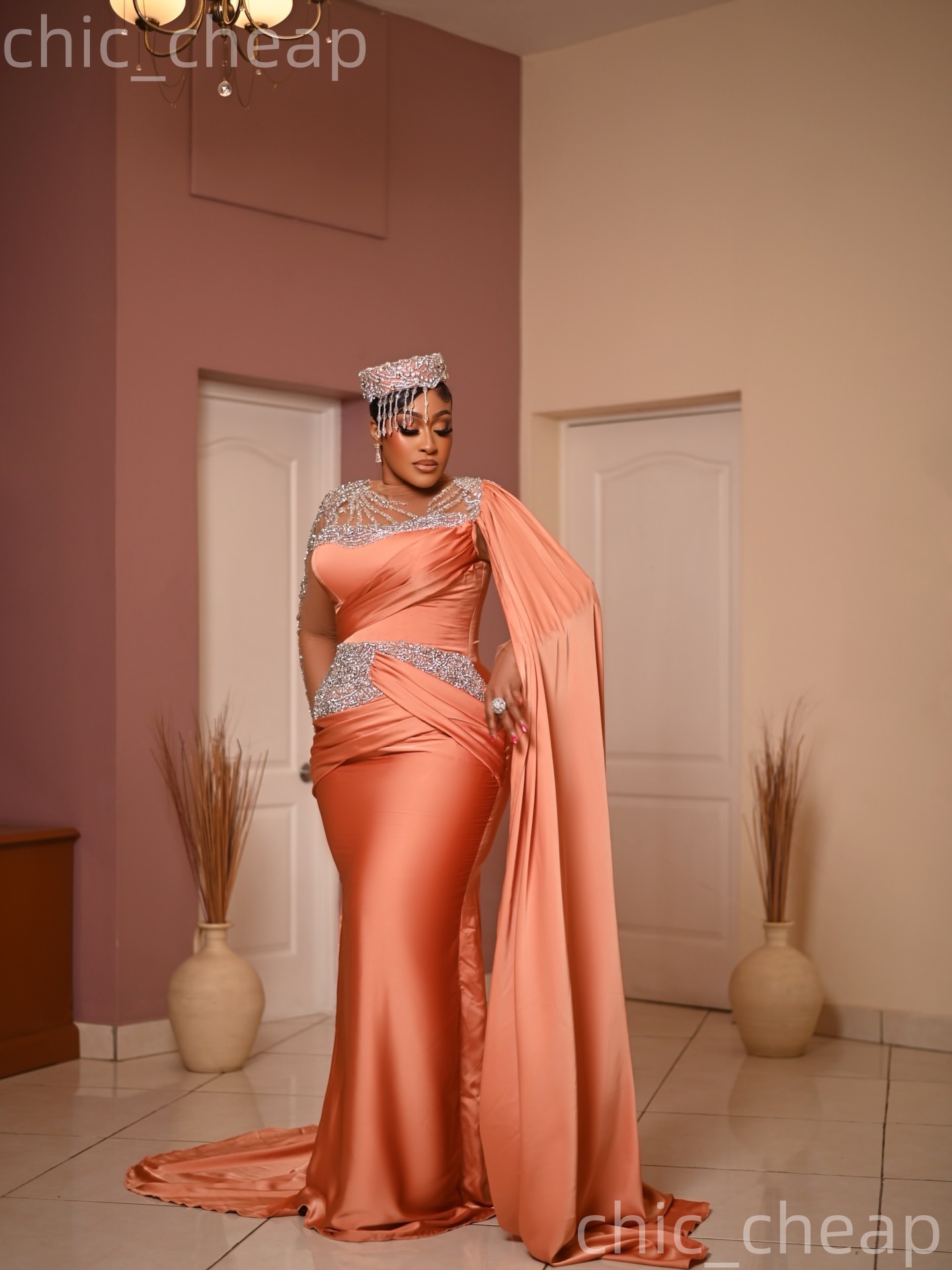 Aso Ebi Coral Mermaid Prom Dresses 2026 Beaded Crystals Satin Elegant Evening Formal Party Second Birthday Engagement Gowns Plus Size Dress For Specia