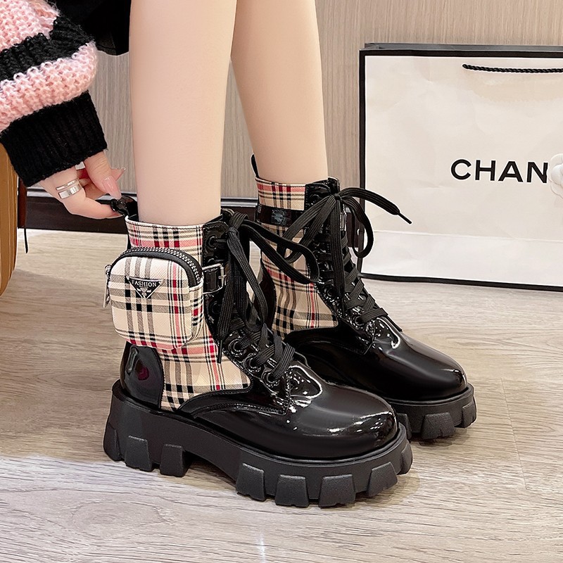 Designer shoes 2025 new classic checkered printed Martin boots thick soled lace up fashion boots for women