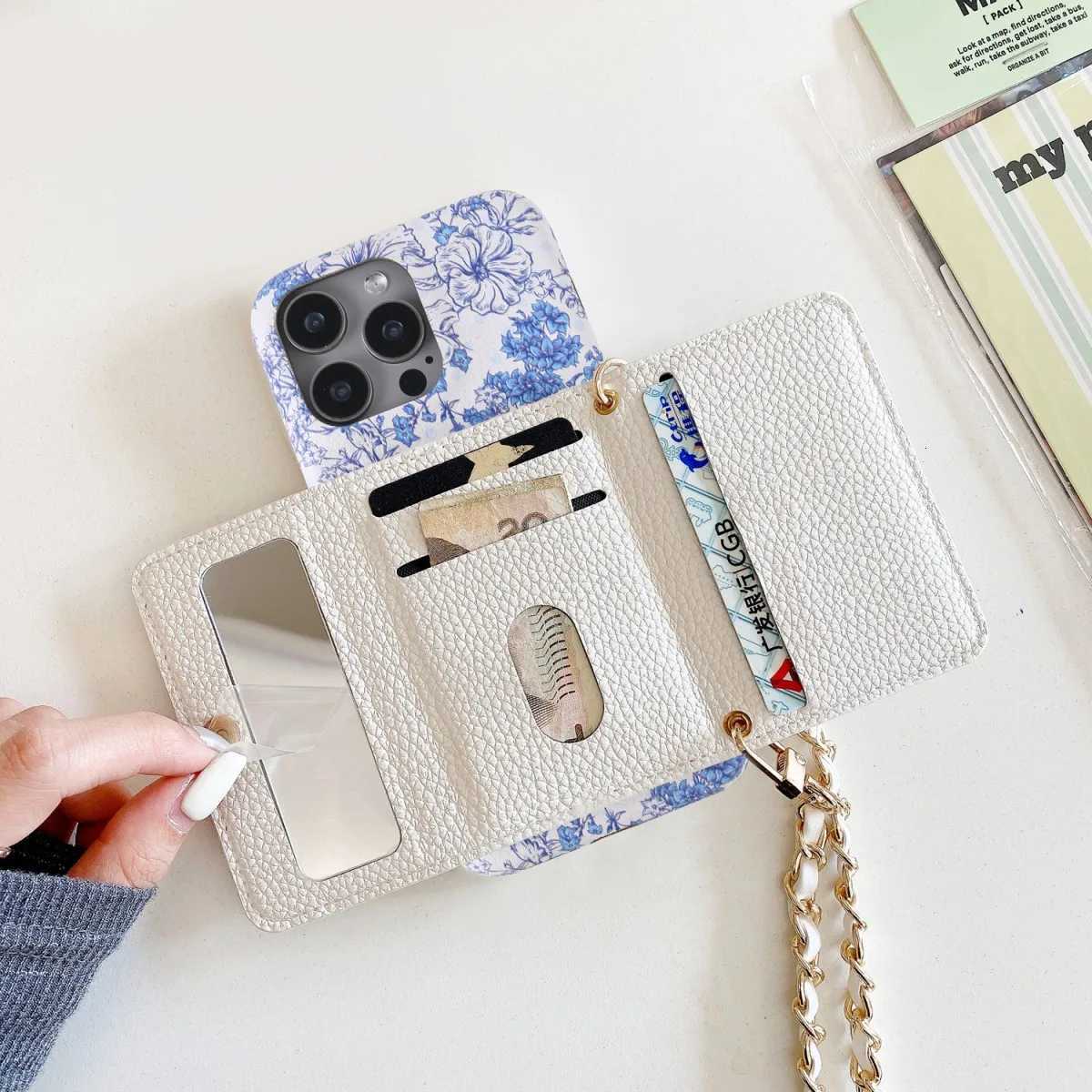 Fashionable PU Leather Case for iPhone 12 11 13 14 15 16e Pro Max Plus Flower pattern Print Adjustable Lanyard Mirror Wallet C251209