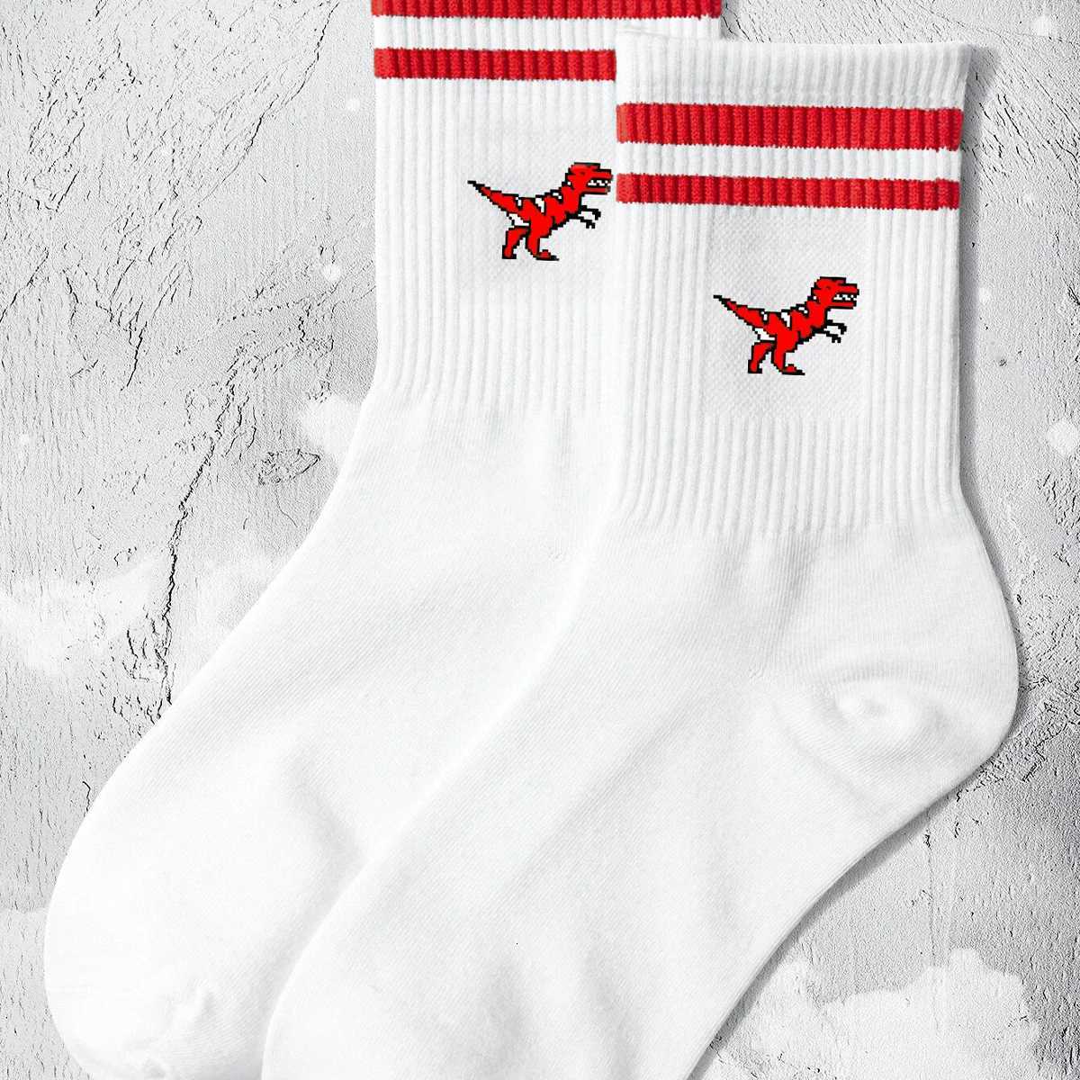 Multiple Pairs of Mens Crew Socks with Dinosaur Patterns White Unique Comfortable Breathable Moisture-WickingT251209