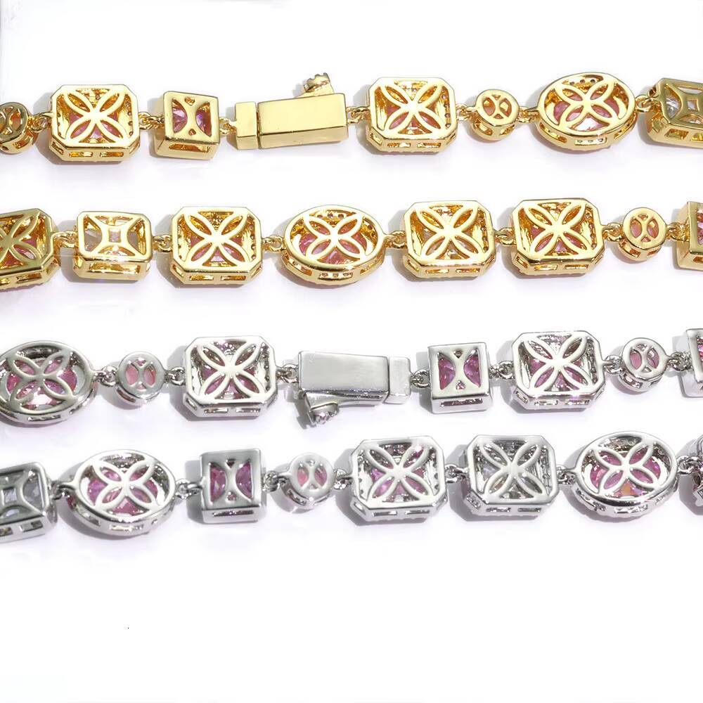 NUOYA 10mm Opal Custom Bling Pink Cz Stone Chain Silver Gold Plated Necklace Geometric Gemstone Motif Iced Out Link Chain