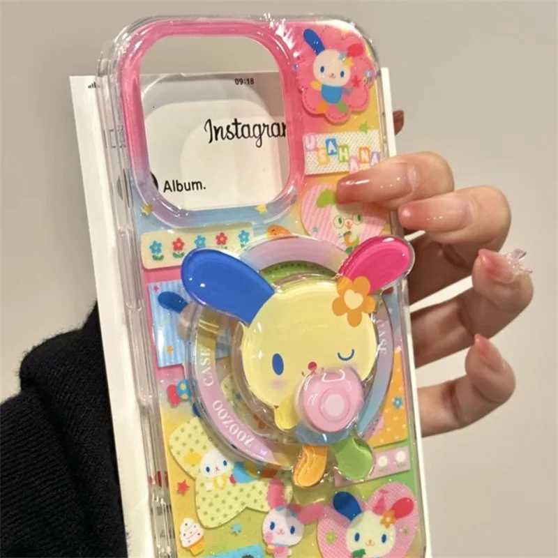 Magnetic color splicing color ear rabbit phone case with rotating magnetic bracket for iPhone 11 12 13 14 15 16 17 pro max C251209