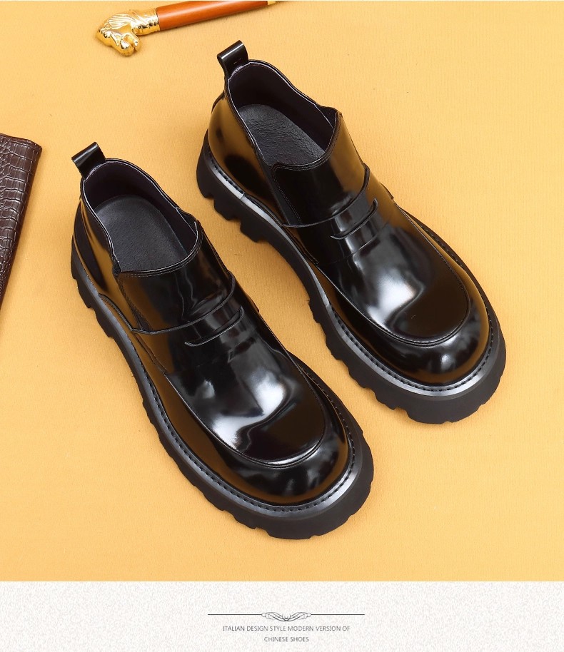 Men's High-Top Leather Boots Bright Leather Surface Large Size round Toe Handmade Stitching British Fashion Quality