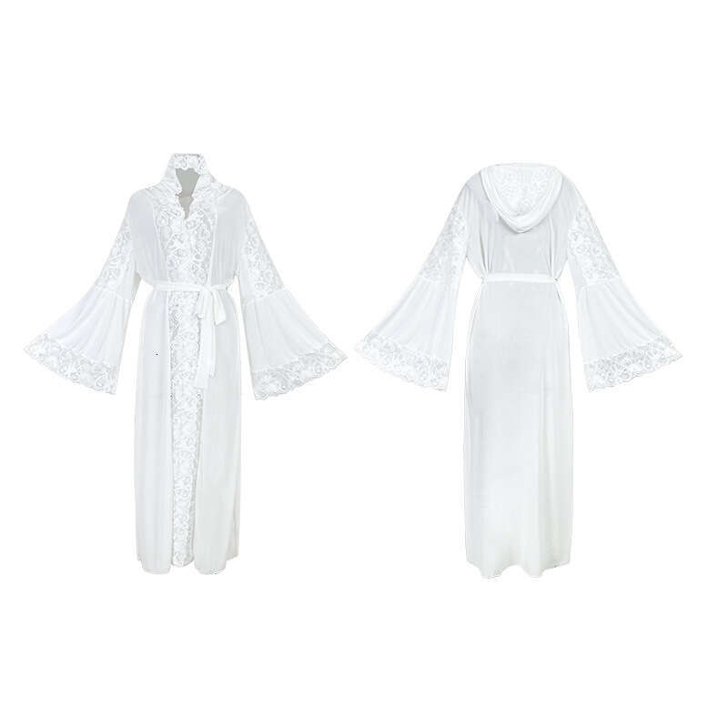 designer New Sexy Hooded Bathrobe Lingerie Lace Trim Robe Belt Homewear pajamas nightgowns women