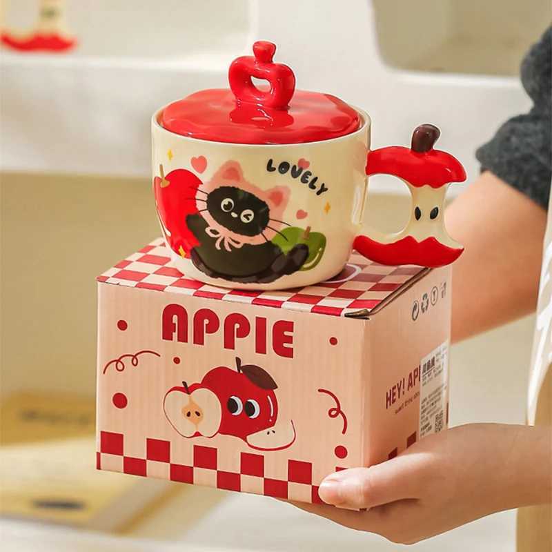 3D Apple g Creative Cat Ceramic Drinking Water Cup with Lid High-value Household Breakfast Cups Christmas Gift Drinkware H251209