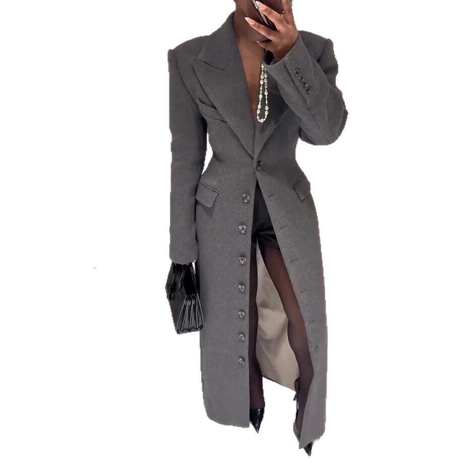 Autumn European And American Style Women's Fashion New Single-Breasted Gray Fashionable Long Coat B5
