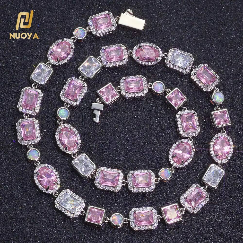 NUOYA 10mm Opal Custom Bling Pink Cz Stone Chain Silver Gold Plated Necklace Geometric Gemstone Motif Iced Out Link Chain