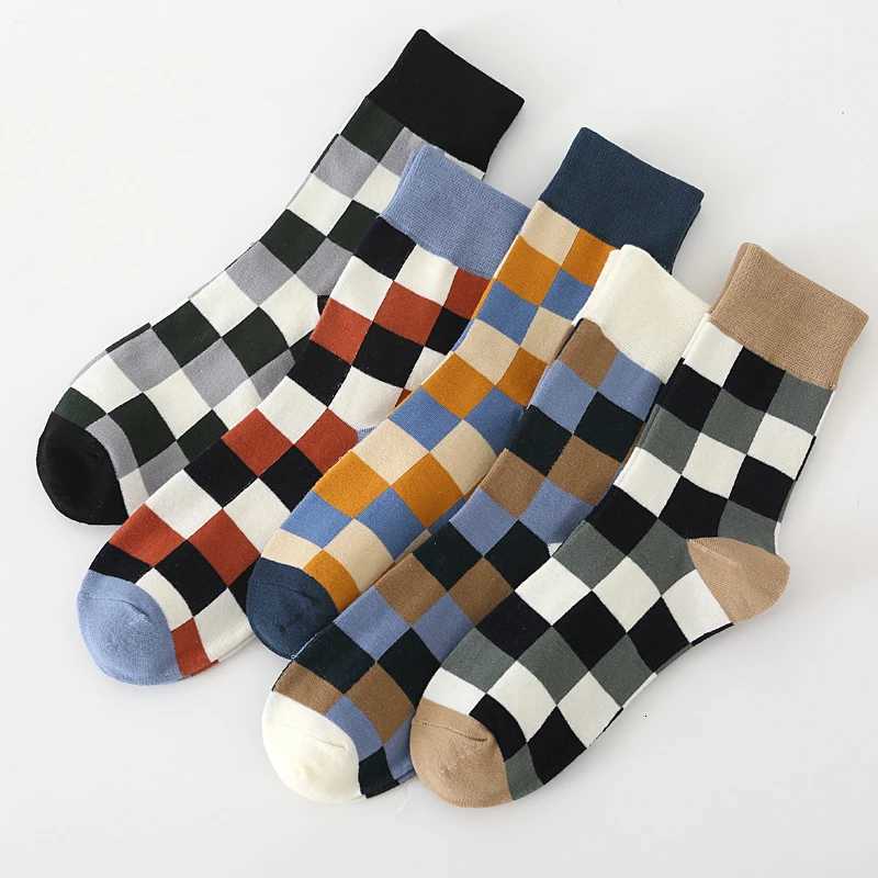 5Pair-pack New Mens Socks Colorful Grid Sock Casual Business High Quality Happy Combed Cotton Socks Fashion Gentleman Socks MenT251209