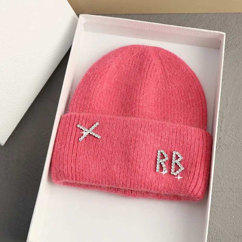 Luxury Winter Warm Rabbit Fur Knitted Hat Diamonds Letter Beanies Hats For Women Famous Brand Lady Casual Bonnet Skiing Cap Y251209