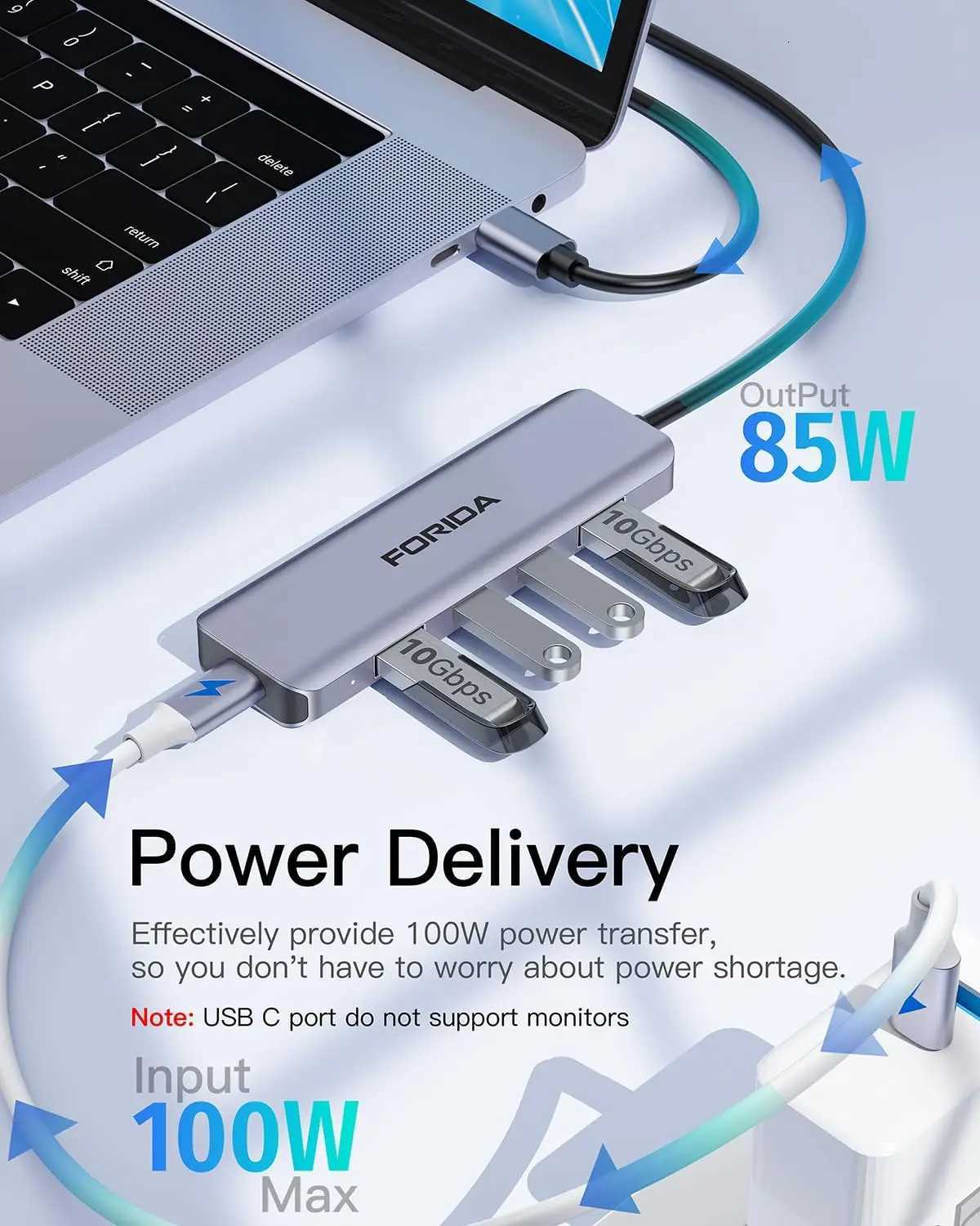 Forida USB C Hub 10Gbps USB C Splitter 100W Power Charging USB 32 Gen2 Adapter for Laptop Book Desktop Tablet PC SmartPhone C251209