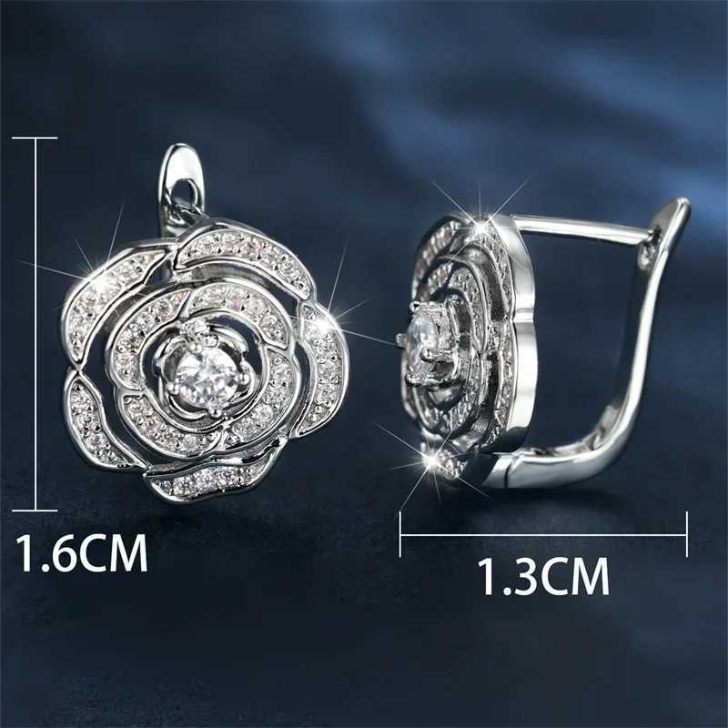 Charm Bridal Rose Flower Hoop Earrings For Women Silver Color White Zircon Wedding Ear Buckle Valentine Day Party Jewelry Gifts K251209 H260202