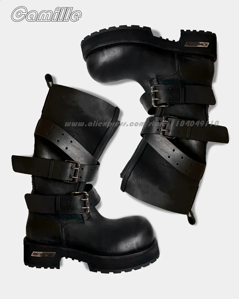 Leather Belt Buckle Strap Knee High Cool Girl Boots Big Toe Thick Sole Motorcycle Boots Round Toe Platform Casual Shoes 251201