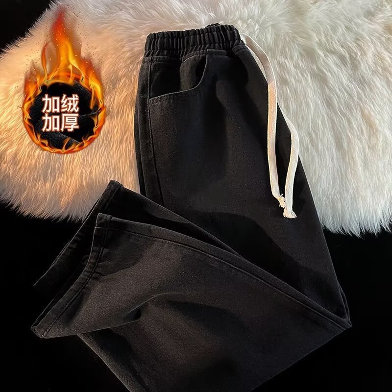 Men's Basic Fleece-Lined Thickened Jeans: Winter American Retro Straight-Leg Casual Pants for Students/Juniors, Couple Style
