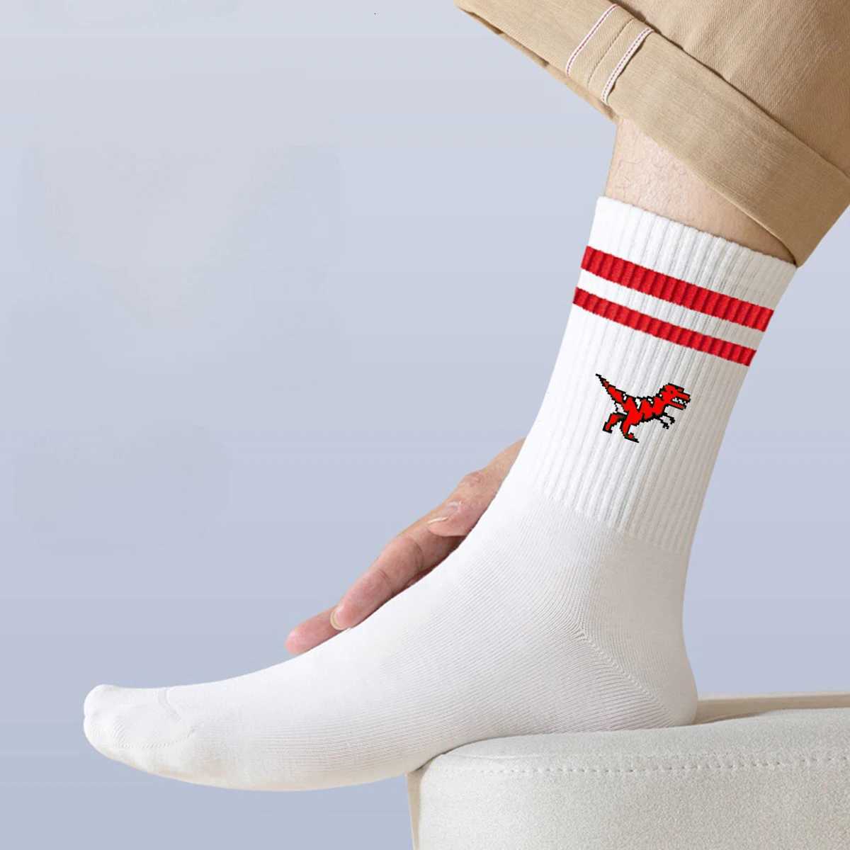 Multiple Pairs of Mens Crew Socks with Dinosaur Patterns White Unique Comfortable Breathable Moisture-WickingT251209
