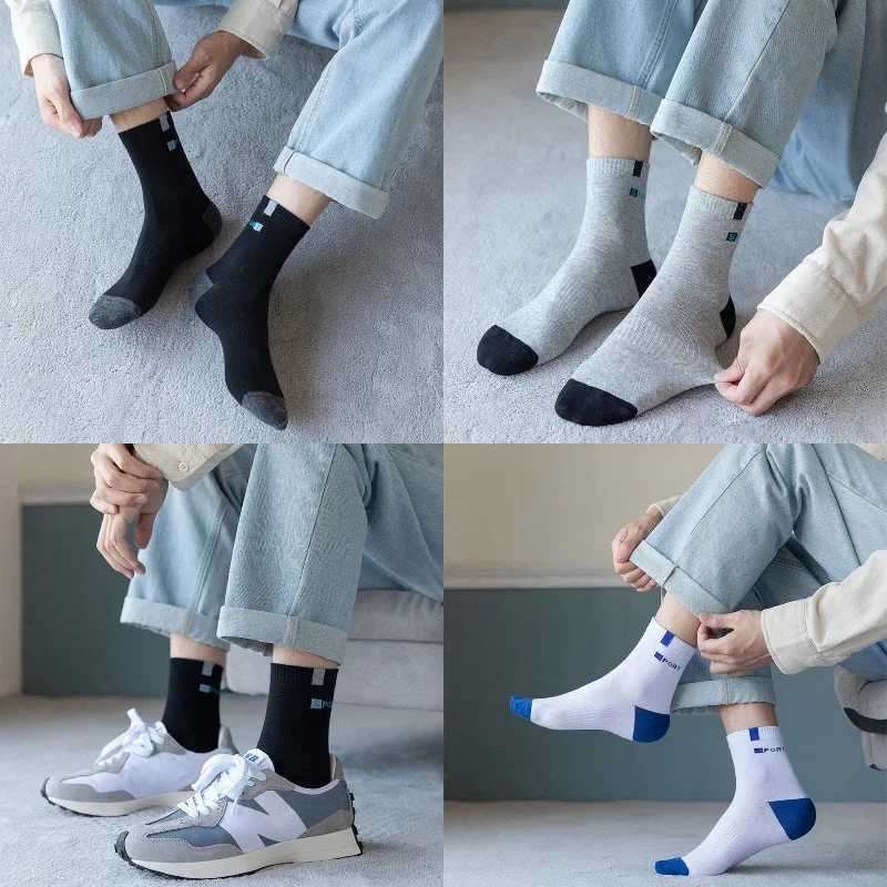 Cotton Sock for Men Sport Breathable Soft Letter Fashion Sneakers High Elastic Middle Tube Stocking Towel Sox Summer RunningT251209