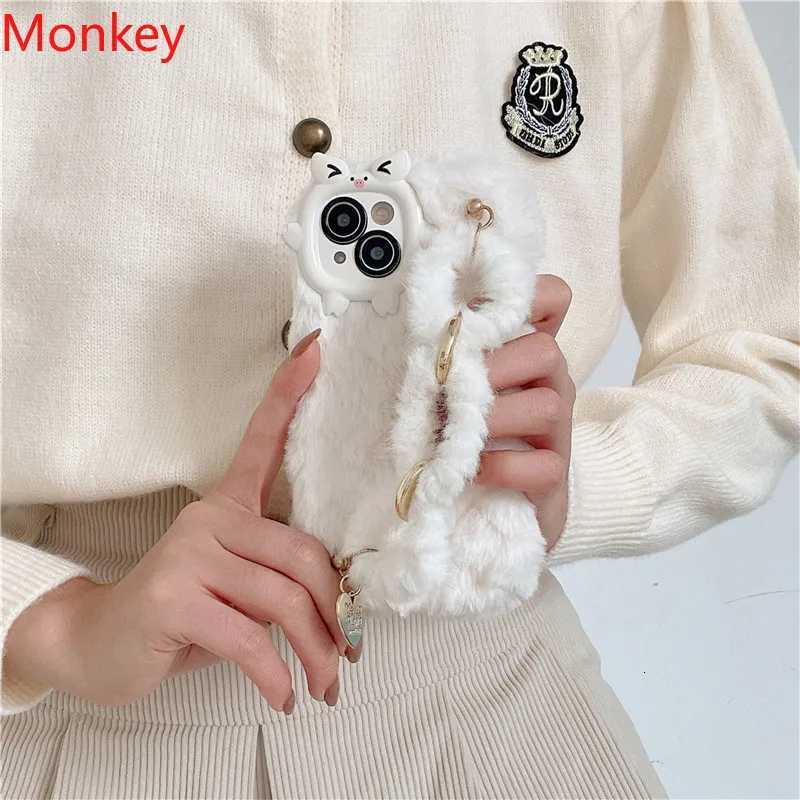 Cute Korean Fur Wrist Chain Silicone Case For iPhone 17 16 Pro Max 15Plus 14 13 12 11 Winter Furry Fluffy Plush Wrist Band Cover C251209