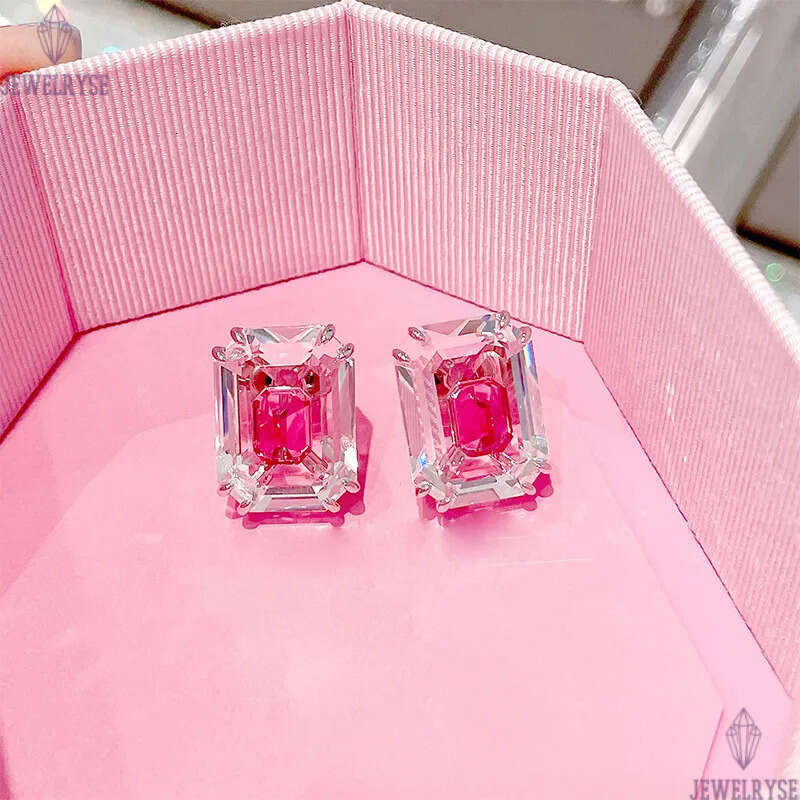 Luxury elegant square designer earrings for women silver lovely romantic pink crystal cz zircon earring earings ear rings jewelry