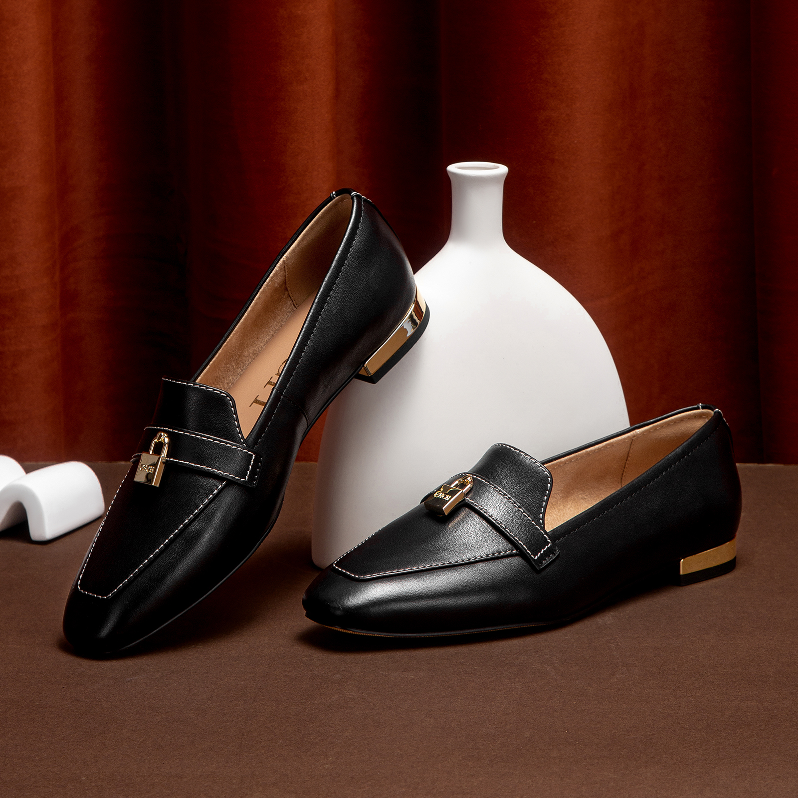 CHCH Women's Brown Leather Loafers with Gold Lock Detail Square Toe Low Heel Penny Casual Office Slip-On Dress Shoes for Girls