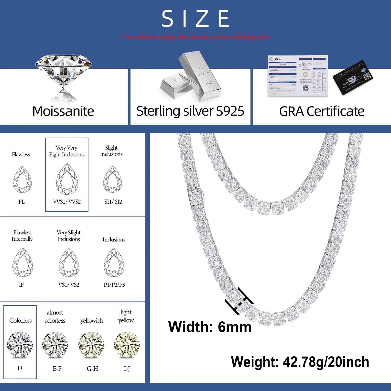 Hip Hop Classic Tennis Chain Necklace 6mm 925 Sterling Silver VVS Moissanite Diamond Fine Jewelry Necklace for Men Women