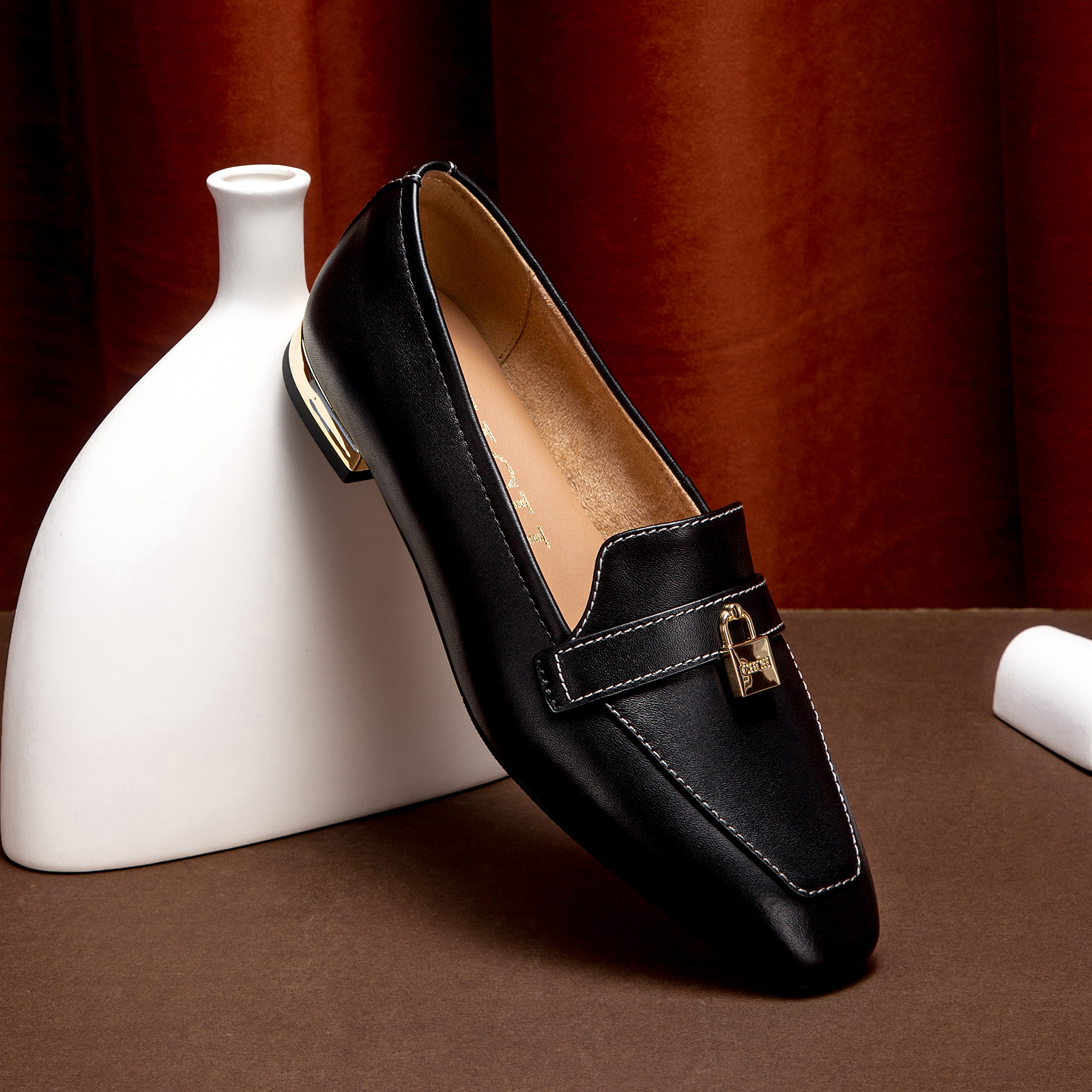 CHCH Women's Brown Leather Loafers with Gold Lock Detail Square Toe Low Heel Penny Casual Office Slip-On Dress Shoes for Girls