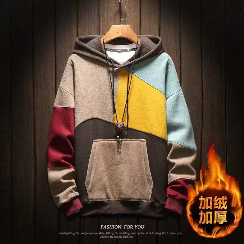 Color Block Hoodie for Men: Autumn/Winter Fleece-Lined Loose Casual Couple-Style Trendy Hooded Jacket/Top