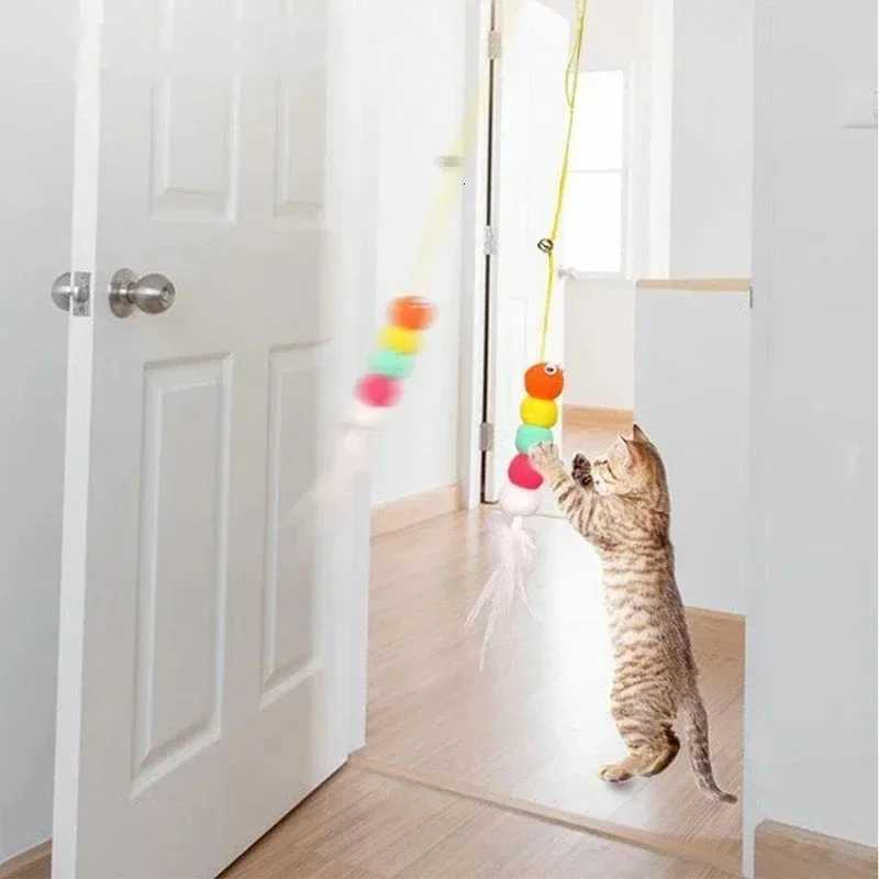 Telescopic Rainbow Hanging Cat Toy with Bell Auto Swing Feather Teaser for Self Playing Kittens Indoor Exercise Durable Bite Pro M251209