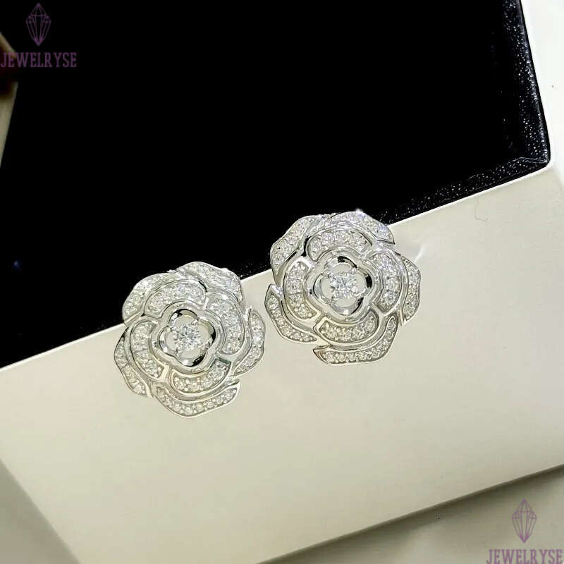 S925 sterling silver camellia flower designer stud earrings for women luxury diamond zircon hollow rose flowers aretes earring earings ear rings jewel