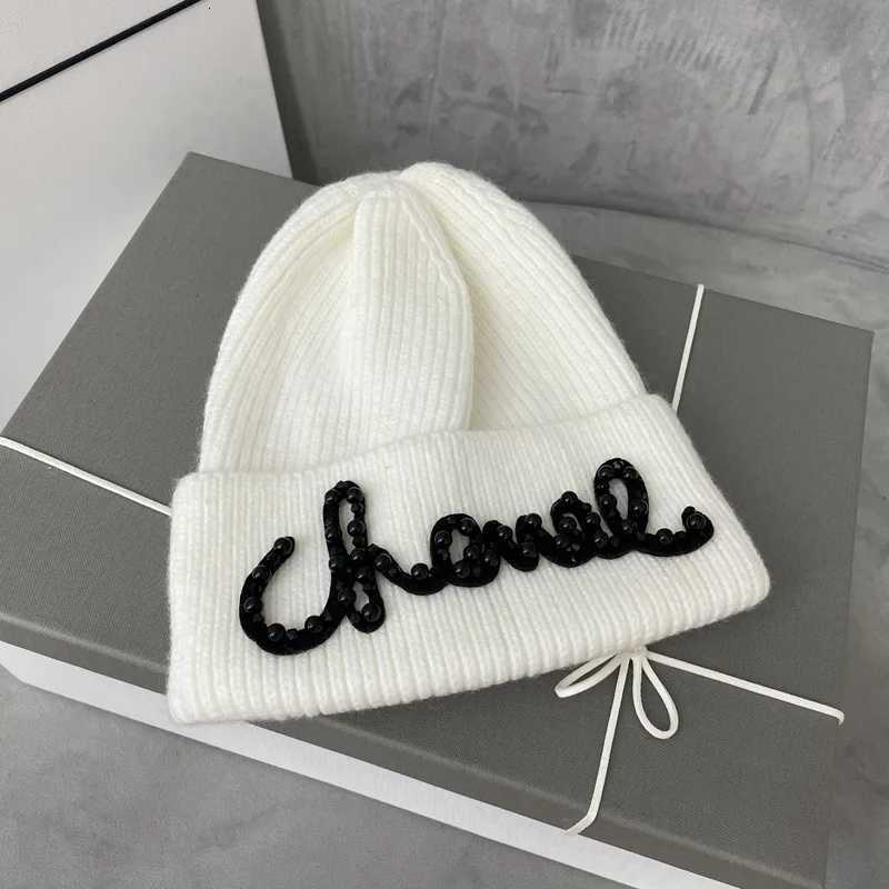 Luxury 2025 New Womens Korean Pearl Letter Knitted Beanie - Winter Warm Ear Protection Soft Elastic Fashionable Daily Cap Y251209