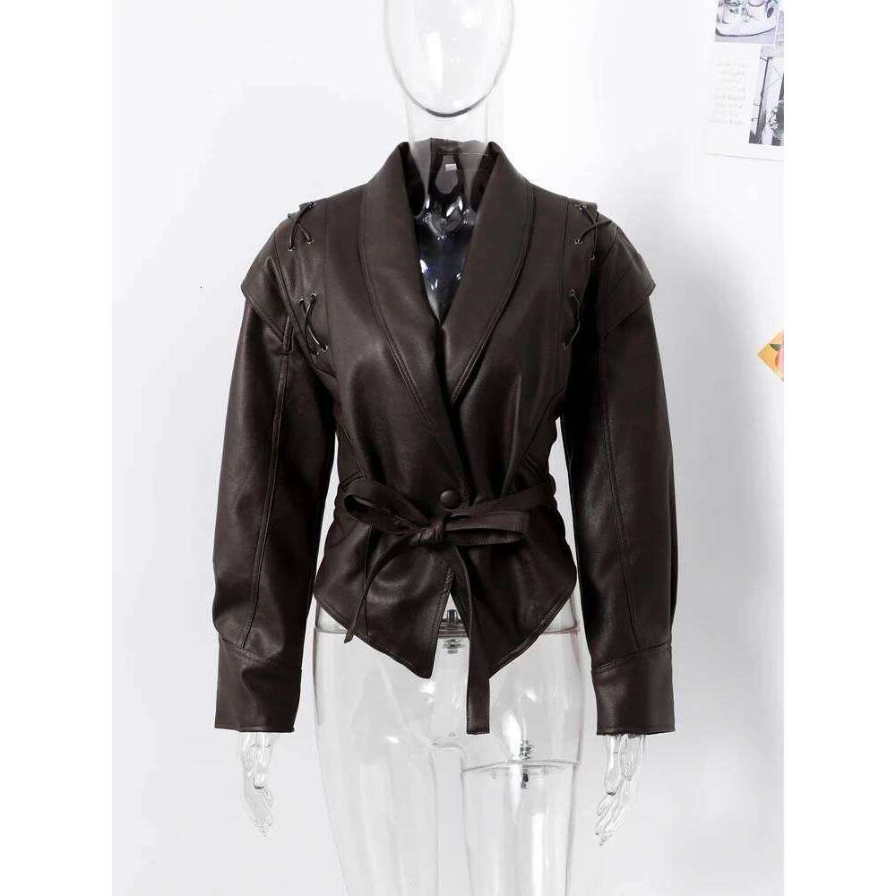 Faux Leather Brown Women Jackets Belt Lace Up Lapel Female Coat Vintage Casual Autumn One Button Long Sleeve Lady Outwear Luxury
