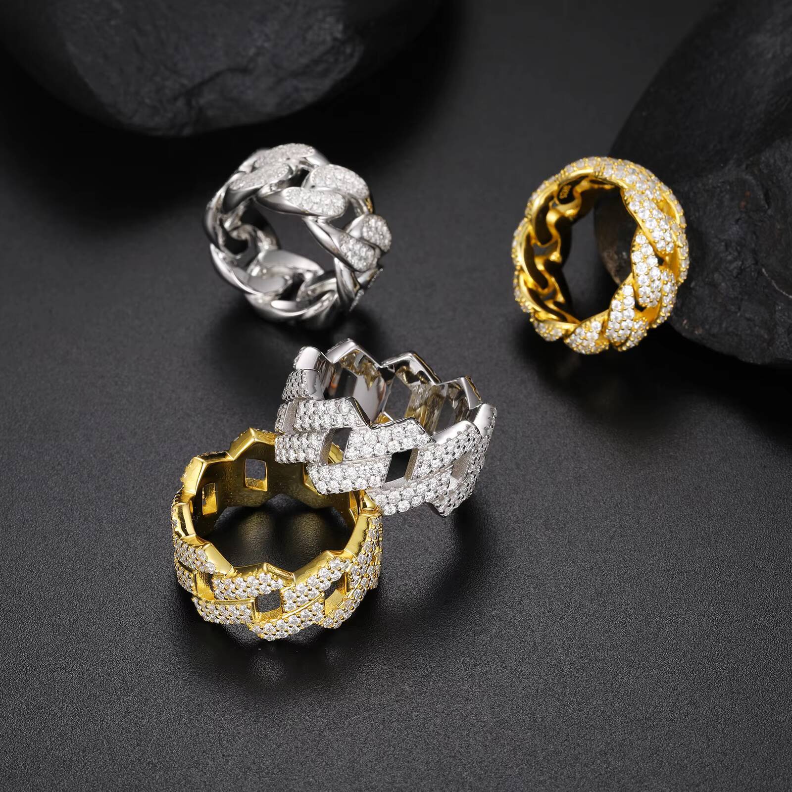 Pass Diamond Tester VVS Moissanite Cuban Ring Mens Wholesale Price Gold Plated 925 Sterling Silver Jewelry Ring for Men